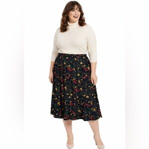 Chaus Woman Vintage Skirt Plus 16W Navy red gold ornate Pleated A Line Midi